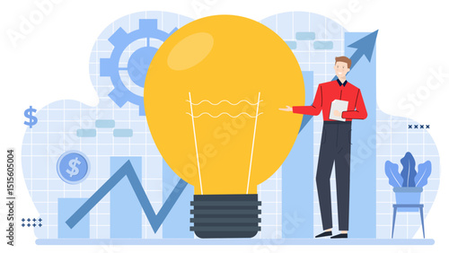 Man standing next to a large light bulb, sparking creativity, innovation, and ideas, ideal for technology, energy, and brainstorming concepts.