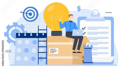 Man seated on a box with a light bulb and laptop. Creative thinking, innovation, problem solving concept suitable for business presentations.