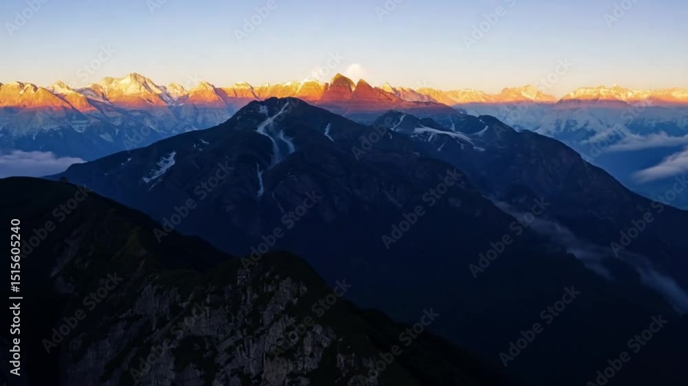Aerial view of mountain range during sunrise with soft light and mist showing peaceful natural landscape used in travel or nature visuals Aerial view of mountain range during sunrise with soft light and mist showing peaceful natural landscape used in travel or nature visuals