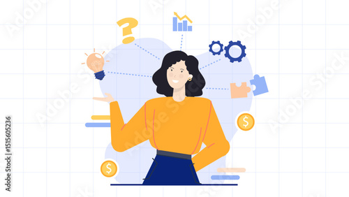 Woman brainstorming business ideas, suitable for entrepreneurial concepts, innovation, planning, strategy, success, startup, female entrepreneurship, and vision board themes.