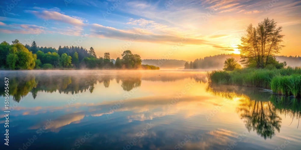 Obraz premium Serene lake at sunrise with gentle ripples on its surface, surrounded by mist and lush greenery , sunrise