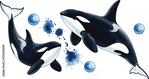 Orcas blue splashes and ocean bubbles on white background for marine life, animal design. Watercolor seamless pattern