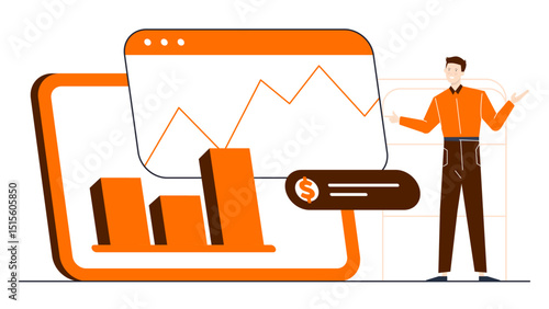 Man pointing to bar chart, indicating upward trend. Suitable for business presentations, financial reports, data analysis, growth strategies.