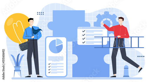 Creative duo brainstorming ideas, man with a lightbulb insight, man on ladder executing plan, teamwork, innovation, brainstorming concepts.
