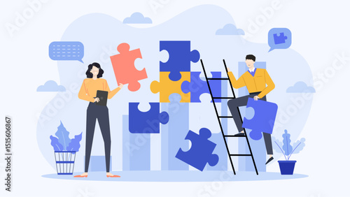 Two people collaborate on a puzzle. Ideal for teamwork, problem-solving, collaboration, partnership, cooperation, teamwork, teamwork, strategy, success, and completion concepts.