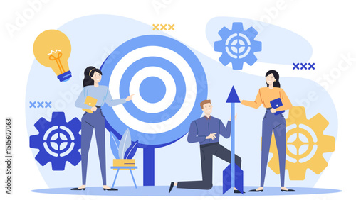 Three people collaborate in archery targeting. Suitable for teamwork, goal achievement, coordination, sports, competition, and business concepts.