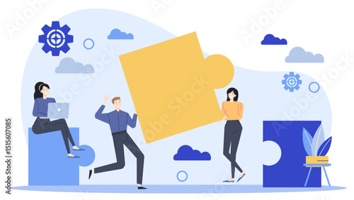 Three people holding a yellow puzzle piece. Teamwork, cooperation, problem-solving concepts suitable for business presentations, education materials, social media.