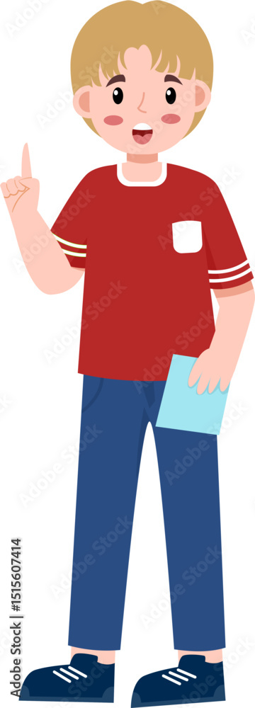 Fototapeta premium Cartoon Boy with Blond Hair Holding Paper and Pointing Upward.
