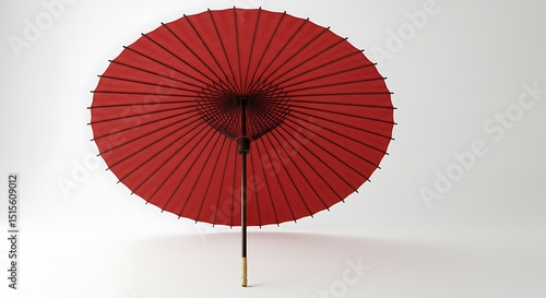 A traditional Japanese wagasa umbrella with red paper canopy and wooden handle  centered on a clean white background 
