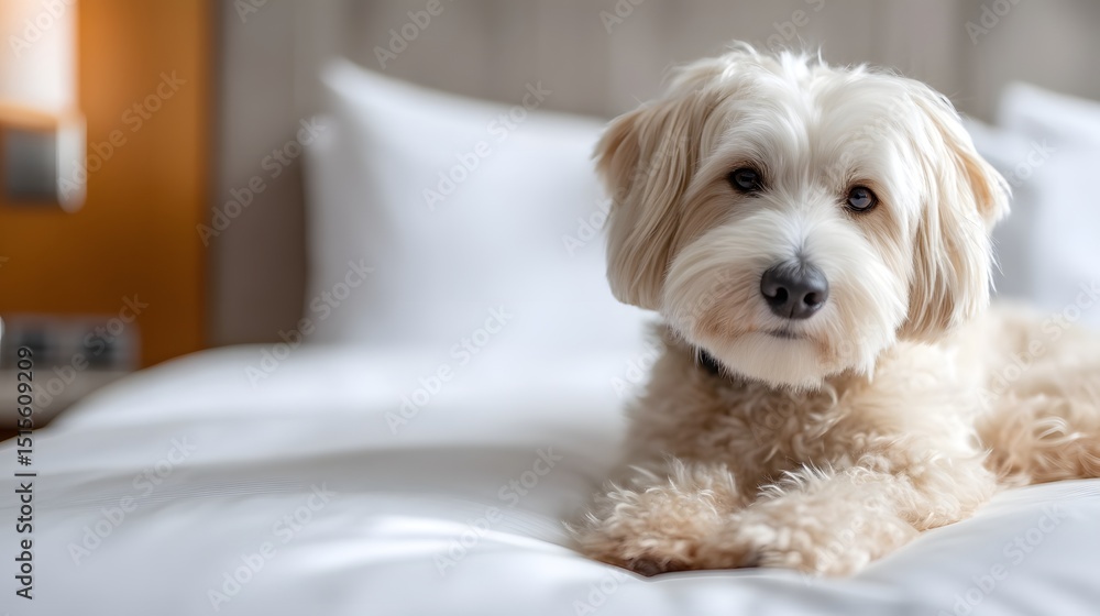 Adorable dog resting on a luxurious hotel bed Adorable dog resting on a luxurious hotel bed