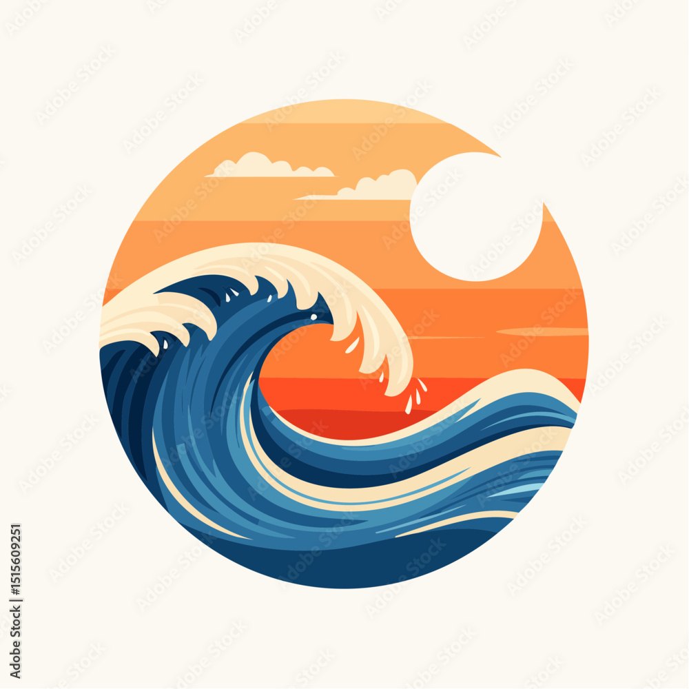 Obraz premium Vibrant wave illustration in circular design, showcasing dynamic ocean movement with sunset hues and a bright sun, capturing the essence of nature's beauty and tranquility