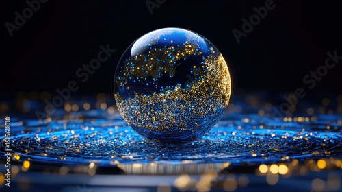 Dynamic orb of shimmering gold and blue dots in energy flow on futuristic digital field