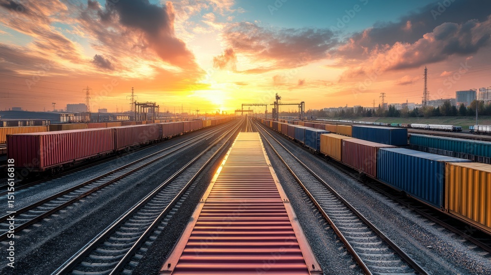 Fototapeta premium Loading freight containers onto railway wagons at sunset industrial transport scene railway yard aerial view freight logistics