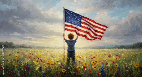 Child Holding American Flag in Field of Flowers