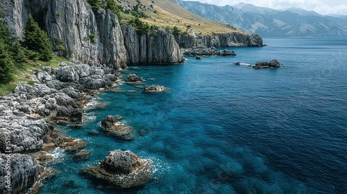 Rocky coastline meeting a vibrant blue sea.