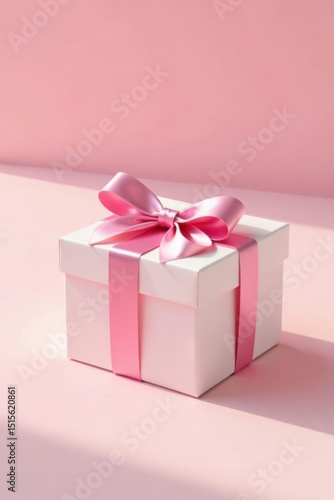 A delicately wrapped present, a pristine white box adorned with a soft pink ribbon, sits on a pale pink surface, bathed in gentle sunlight.