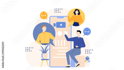 Man demonstrating video call to two others. Suitable for online meetings, teleconferencing concepts, remote work, and technology communication visuals.