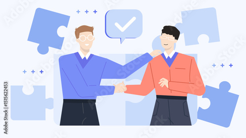 Men shaking hands in front of puzzle pieces, representing partnership, agreement, teamwork. Ideal for business, collaboration, teambuilding concepts.