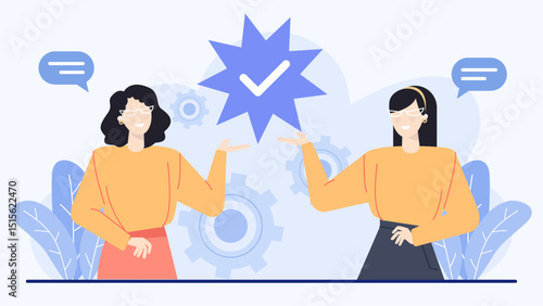 Two women smiling and pointing at a blue star with a checkmark. Suitable for business success, motivation, achievement concepts, and positive feedback.