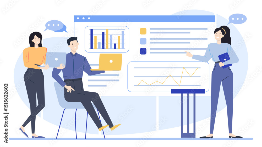 Obraz premium Three people present graphs and data on a whiteboard. Suitable for business presentations, teamwork, analytics, brainstorming, or data analysis concepts.