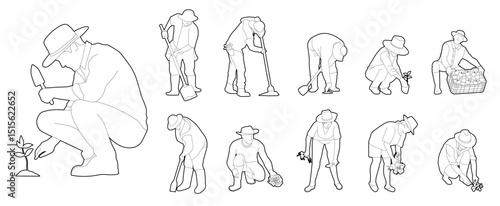 Country people crouching, farmers gardeners florists flower growers and editable line drawings in vector