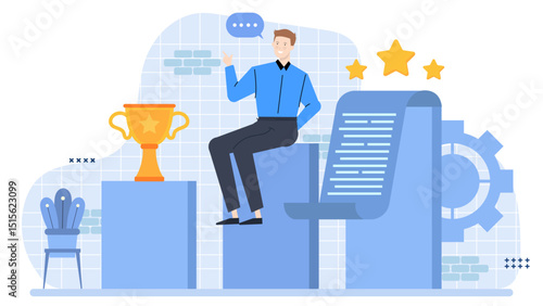 Man on podium with trophy, perfect for success, achievement, recognition, victory, competition, motivation, leadership, business, award concepts in design projects.