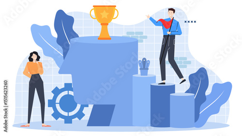 Two people with trophy on blue stairs, celebrating success. Perfect for business achievements, teamwork concepts, goal realization visuals.
