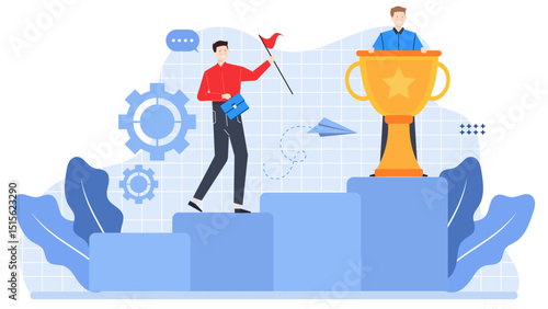 Two men stand on podium with golden trophy, symbolizing success and achievement, suitable for business, competition, and winning concepts.