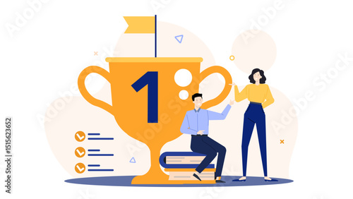 Ideal for educational and motivational designs, featuring a duo by a trophy atop books. Suitable for academic success concepts, awards.
