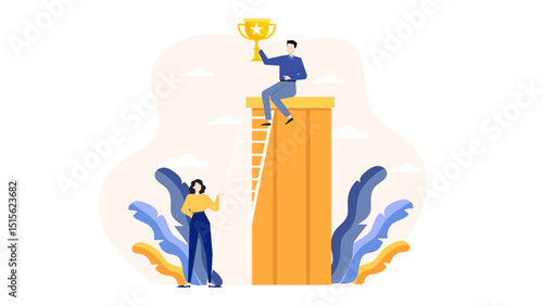 Man standing on skyscraper holding trophy, symbolizing achievement. Suitable for business success concepts, motivation, leadership themes in design projects.