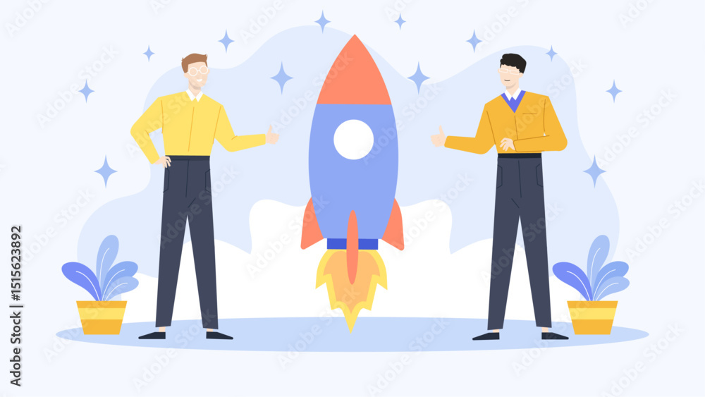 Two men by a rocket. Perfect for science, technology, innovation, and teamwork concepts in presentations, websites, and marketing materials. Two men by a rocket. Perfect for science, technology, innovation, and teamwork concepts in presentations, websites, and marketing materials.