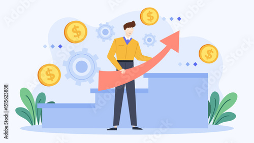 Potential finance themed design with a man holding a red arrow and dollar coins. Suitable for business presentations, financial advice blogs.