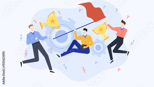 Team celebrating success with trophies and confetti, suitable for business and sports related concepts, illustrating achievement, teamwork, and celebration vibes.