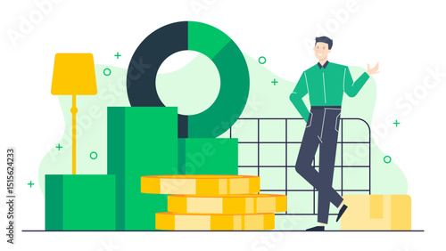 Man standing near a chart and coins, suitable for financial presentations or articles on investments, business planning, financial success.