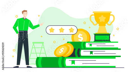 Man pointing to five stars and a trophy; perfect for showcasing excellence, goal achievement, success, ratings, reward recognition in business.