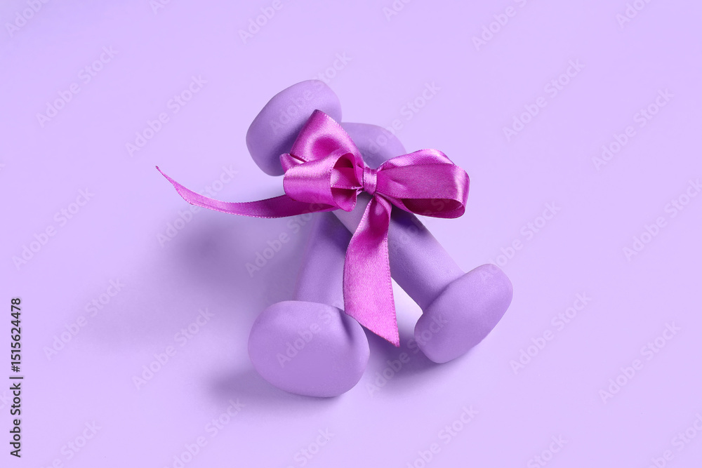 Purple dumbbells tied with ribbon on lilac background Purple dumbbells tied with ribbon on lilac background