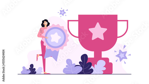 Unstoppable woman showcasing her triumph with a sizable medal next to a gleaming trophy. Success, award, achievement, competition concept. Leadership.