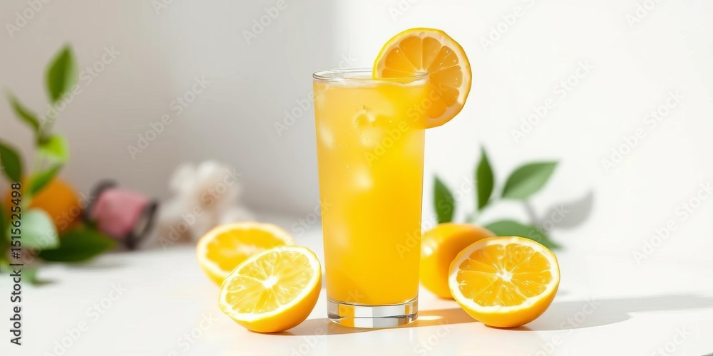 A refreshing glass of bright yellow lemon juice sits on a pristine white background, juicy, sour A refreshing glass of bright yellow lemon juice sits on a pristine white background, juicy, sour