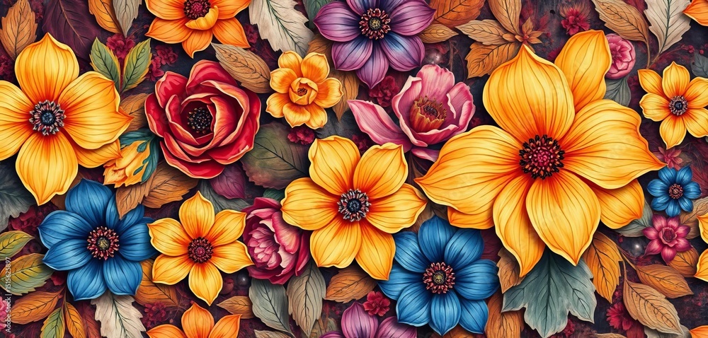 Fototapeta premium Abstract oil painted floral seamless pattern, rich textures, vibrant colors, decorative background, background, canvas