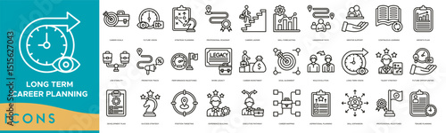 Long-Term Career Planning Icon set. Career Goals, Future Vision, Strategic Planning, Professional Roadmap, Career Ladder, Skill Forecasting and Leadership Path