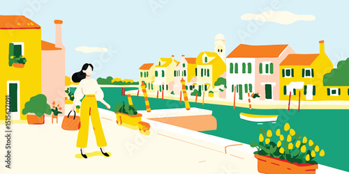 A stylish individual leisurely strolls alongside a vibrant canal, adorned with picturesque buildings and a serene water scene, offering a glimpse into the tranquil and charming ambiance.
