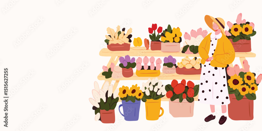 Obraz premium A cheerful woman in a polka-dot dress shops for vibrant sunflowers, tulips, and other colorful blooms at a charming flower stall, creating a lively and refreshing scene.