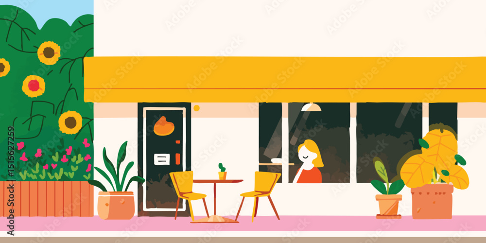 Fototapeta premium An inviting cafe scene in a charming setting, featuring a person at the window. Capture a warm atmosphere, with charming sunflowers and inviting design.