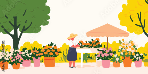 A picturesque outdoor scene unfolds, where a woman tends to a vibrant flower stand, showcasing a colorful array of blooms, rendered in a charming illustration style.