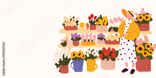 A cheerful woman in a polka-dot dress shops for vibrant sunflowers, tulips, and other colorful blooms at a charming flower stall, creating a lively and refreshing scene.