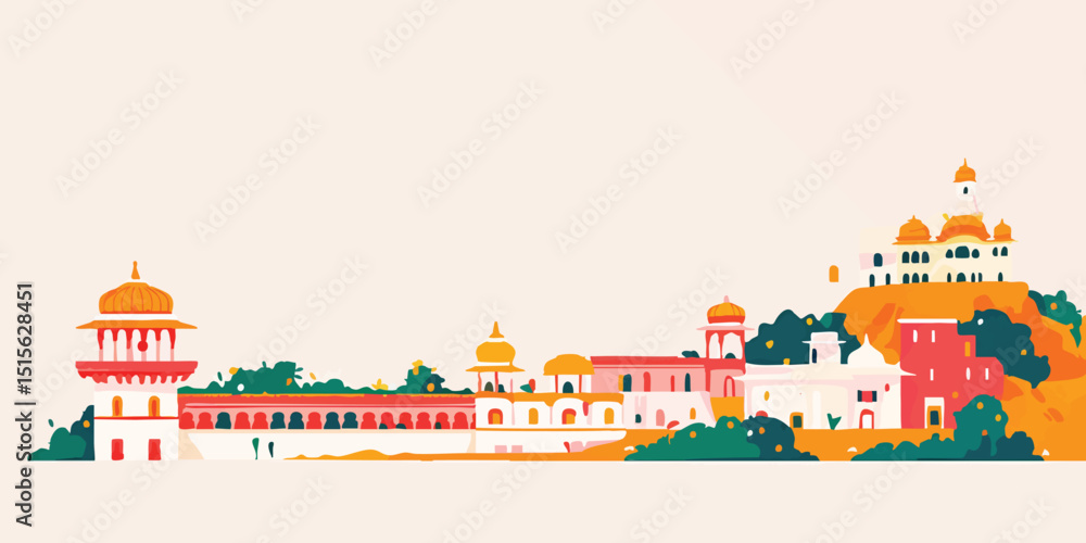 Fototapeta premium A stylized panorama of architectural splendor, showcasing an array of iconic buildings, from forts to temples, nestled against a serene backdrop. 