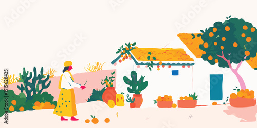 A woman harvests oranges in her garden, under the summer sun, celebrating the freshness and simplicity of harvest life.  