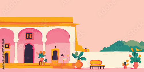 Serene pink riad courtyard with potted plants and distant mountain view in minimalist illustration.