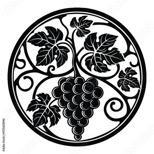 A striking grape silhouette featuring clustered grapes, winding vines, and lush leaves, capturing the natural elegance and classic charm of vineyard growth in simple black shapes.
