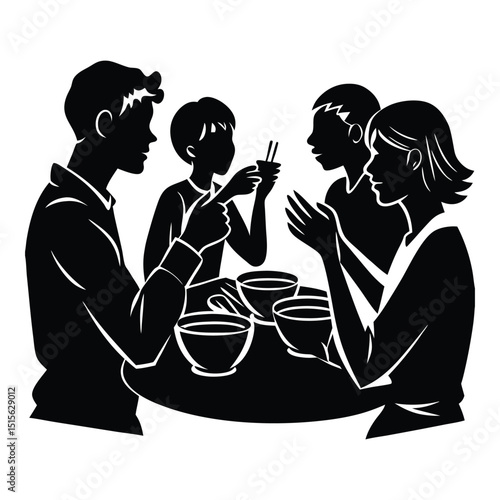 Silhouettes of people eating, showing various poses like sitting at tables, holding utensils, and enjoying meals, capturing the essence of shared dining moments.
